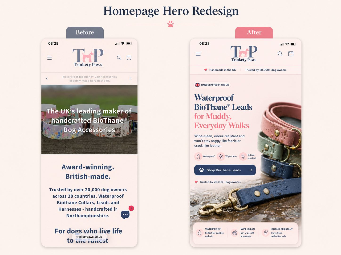 Before and after homepage hero redesign mockup from a recent Shopify conversion audit